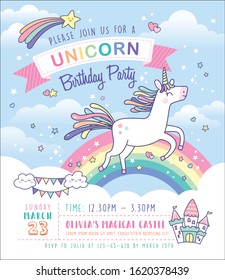 Birthday Party Invitation Card Template With A Cute Unicorn And Rainbow Background	