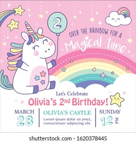 Birthday Party Invitation Card Template With A Cute Little Unicorn And Rainbow Background