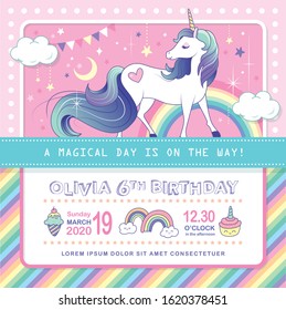 Birthday party invitation card template with a beautiful unicorn and rainbow background