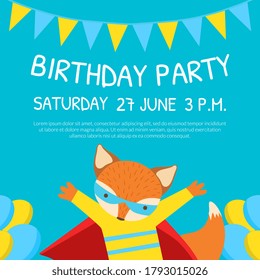 Birthday Party Invitation Card Template with Cute Funny Fox Character Cartoon Vector Illustration