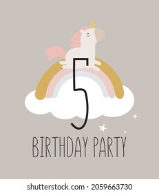 Birthday party invitation card template with a magical unicorn, rainbow background and number five. Vector illustration in cartoon style.