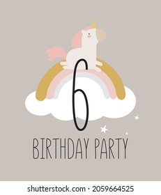 Birthday party invitation card template with a magical unicorn, rainbow background and number six. Vector illustration in cartoon style.