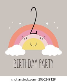 Birthday party invitation card template with a magical rainbow , cloud and number two. Vector illustration in cartoon style.