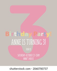 Birthday party invitation card template with a big pink number three. Vector illustration in cartoon style.