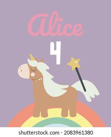 Birthday party invitation card template with a magical unicorn, magic wand, rainbow background and number four. Vector illustration in cartoon style.