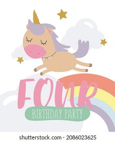 Birthday party invitation card template with a magical unicorn in cartoon style, rainbow background and number four. Vector Illustration design for cards, posters, t-shirts, invitations.
