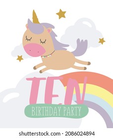 Birthday party invitation card template with a magical unicorn in cartoon style, rainbow background and number ten. Vector Illustration design for cards, posters, t-shirts, invitations.