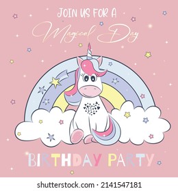 Birthday party invitation card template with a magical unicorn and rainbow background