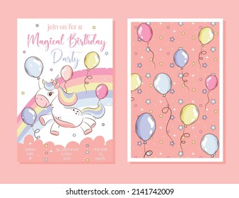 Birthday party invitation card template with a cute unicorn and rainbow background