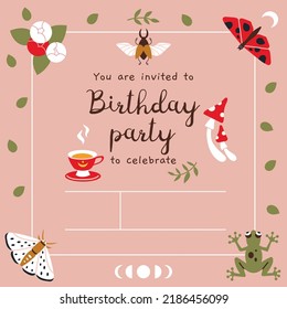 Birthday Party Invitation Card Template, summer vibe, moth, mushrooms, cartoon style. Trendy modern vector illustration, hand drawn, flat design.