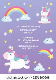 Birthday party invitation card template with a cute unicorn
