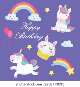 Birthday party invitation card template with a cute unicorn with rainbow and cloud set