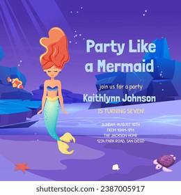 Birthday party invitation card template with cute little mermaid, marine life cartoon character