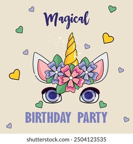 Birthday party invitation card template with a magical unicorn head in cartoon style and crown with flowers beige background. Vector unicorn head for greeting card, posters, invitation card template