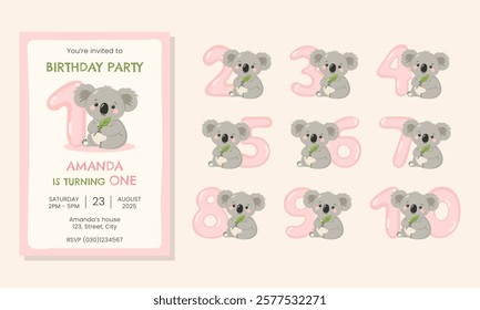 Birthday party invitation card template with cute koala