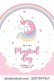 Birthday party invitation card template with a magical unicorn and rainbow background in cartoon style. Vector illustration.