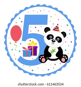 Birthday party Invitation card template. Birthday anniversary number five with cute panda.  Vector
