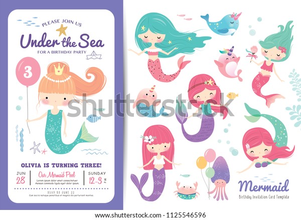 Birthday party invitation card template with cute\
little mermaid, marine life cartoon character and birthday\
anniversary numbers