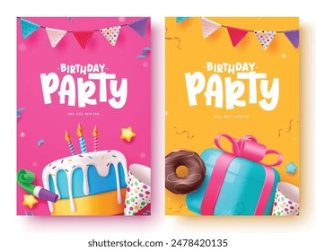 Birthday party invitation card vector poster set. Birthday greeting text with cake, gift box, party hat and pennants decoration elements in pink and yellow template collection. Vector illustration 