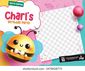 Birthday party invitation card vector template design. Birthday invitation card with empty blank space for boy celebrant picture and cute bee character. Vector illustration birthday card template.  
