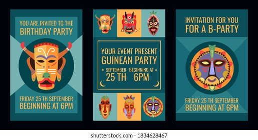Birthday party invitation cards design set with tribal masks. Traditional Guinean decoration vector illustration with text, time and date samples. Template for announcement, posters and flyers