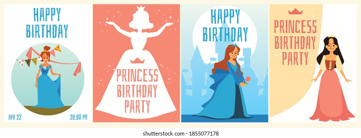 Birthday party invitation cards set with princesses female fancy characters dressed in ball outfit, flat vector illustration. Invitation and greeting birthday bundle.