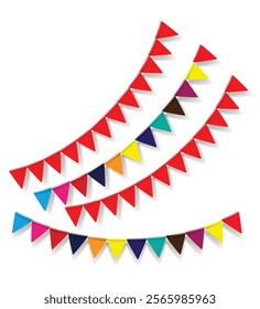 Birthday party invitation with carnival, bunting flag garlands. Part decorating concept with colorful hanging above. Happy birthday.