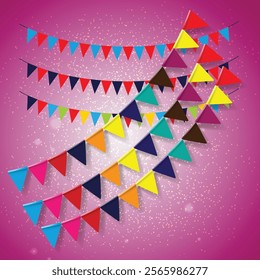 Birthday party invitation with carnival, bunting flag garlands. Part decorating concept with colorful hanging above. Happy birthday..