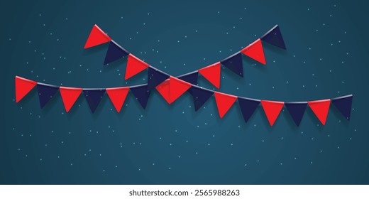 Birthday party invitation with carnival, bunting flag garlands. Part decorating concept with red and navy blue color hanging above. Happy birthday..