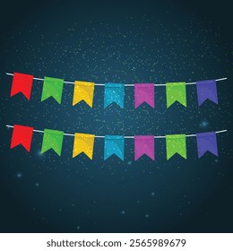 Birthday party invitation with carnival, bunting flag garlands. Part decorating concept with colorful hanging above. Happy birthday.