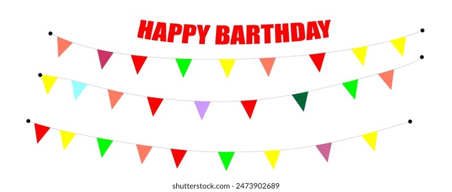 Birthday party invitation with carnival,bunting flag garlands. Part decorating concept with colorful hanging above. Happy birthday.
