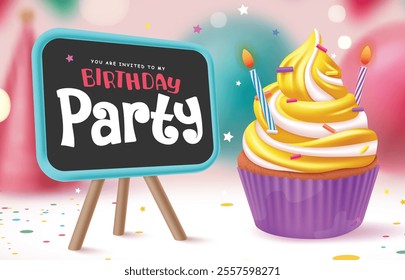 Birthday party invitation clipart design. Happy birthday invitation text in black board with yummy cup cake decoration elements for party celebration template. Vector illustration greeting card clip 