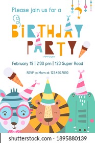 Birthday party invitation with cute animals – zebra, lion and crocodile. Space for text. Vector illustration.