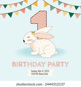 Birthday party invitation with cute baby bunny