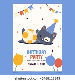 Birthday party invitation with cute cartoon character cat playing with a ball 