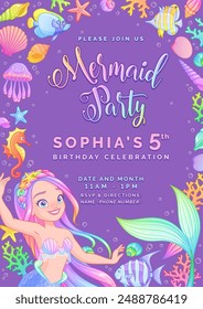 Birthday party invitation with cute cartoon mermaid, sea creatures and seashells. Vector template on purple background.