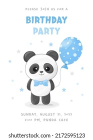 Birthday party invitation with cute little panda, blue balloon and bow tie. Vector illustration	
