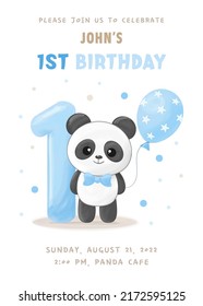 Birthday party invitation with cute little panda boy with figure one, blue balloon and bow tie. Vector illustration	
