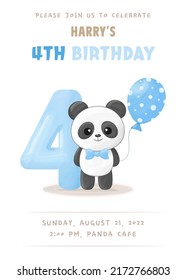 Birthday party invitation with cute little panda boy with number four, blue balloon and bow tie. Vector illustration	
