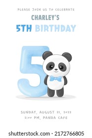 Birthday party invitation with cute little panda boy with figure five, blue balloon and bow tie. Vector illustration