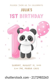Birthday party invitation with cute little panda girl with figure one, pink balloon and bow. Vector illustration	
