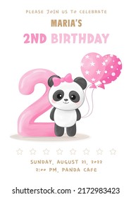 Birthday party invitation with cute little panda girl with figure two, pink balloon and bow. Vector illustration	
