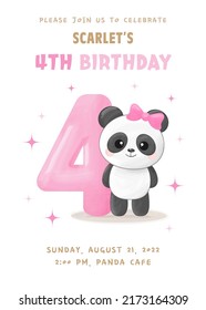 Birthday party invitation with cute little panda girl with number four, pink balloon and bow. Vector illustration