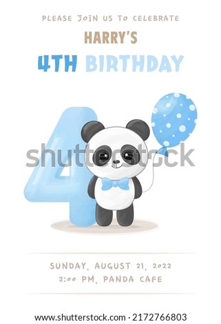 Birthday party invitation with cute little panda boy with number four, blue balloon and bow tie. Vector illustration	
