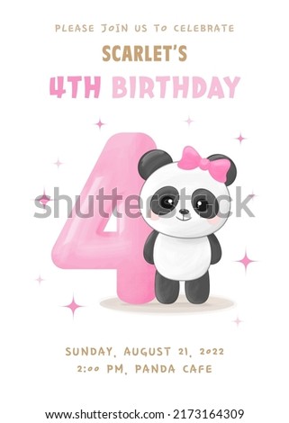 Birthday party invitation with cute little panda girl with number four, pink balloon and bow. Vector illustration