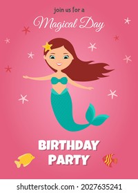  Birthday party invitation with cute mermaid on pink background. Flat style design. Vector illustration