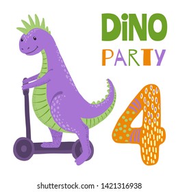 Birthday Party Invitation with cute purple dinosaur and number four. Vector illustrations.