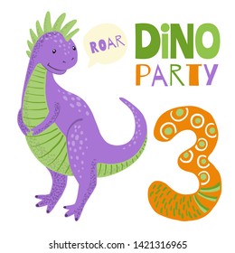 Birthday Party Invitation with cute purple dinosaur and number three. Vector illustrations.