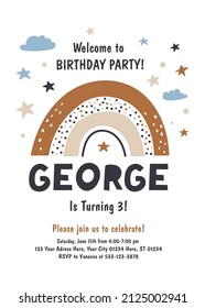 Birthday party invitation with cute rainbows. Vector illustrations