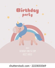 Birthday Party invitation with cute unicorn. Vector illustration in cartoon style.
